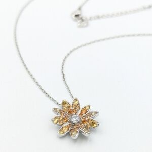 Swarovski orange flower rhinestone pendant necklace on silver tone chain